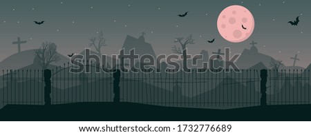 The concept of all saint’s eve. Halloween vector illustration. Panoramic image of a cemetery at night with a full bloody moon