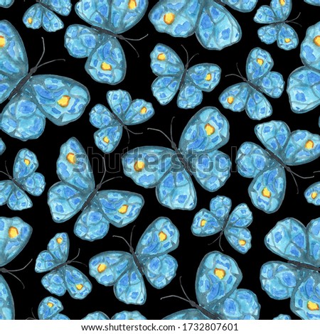 beautiful seamless watercolor pattern with blue butterflies on a black background. it can be used as Wallpaper, background, print, textile design, notebooks, phone cases, packaging paper, and more.