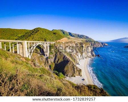 Bixby Creek Bridge,Highway 1 and Big Sur coast California. Bixby Canyon Bridge in California and Big Sur one of most beautiful coastlines in the world Royalty-Free Stock Photo #1732839257