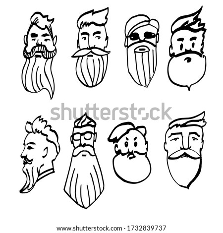 A collection of hand-drawn portraits of trendy hipster men with moustaches and beards. A set of fun beatniks. Doodle-avatars. Vector illustration