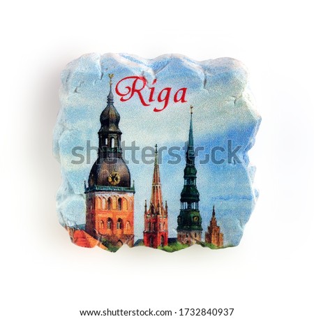 Souvenir (magnet) from Riga (Latvia) isolated on white background. Design element with clipping path