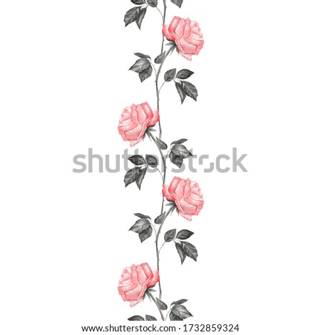 Floral vertical seamless border. Watercolor pattern with roses