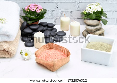 Spa Background. Natural, Organic spa cosmetics products, eco friendly accessories. Skincare concept on white background.