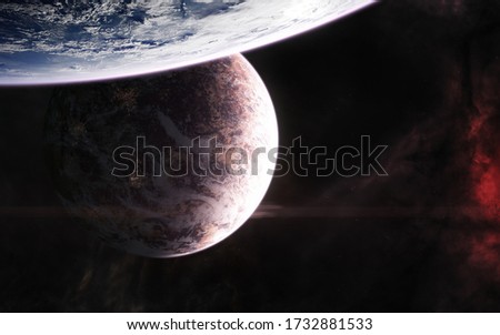 Inhabited planets in red light. Deep space. Science fiction. Elements of this image furnished by NASA
