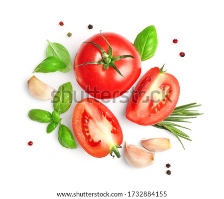 Fresh ripe tomatoes, garlic and herbs isolated on white background. Top view. Royalty-Free Stock Photo #1732884155