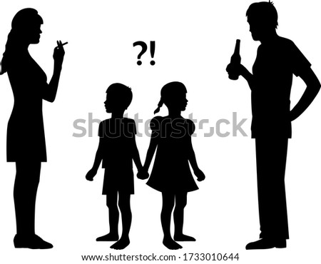 a silhouette of a woman with a cigarette and a silhouette of a man with a bottle of alcohol and the boy and girl children are looking at adults