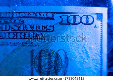 One hundred dollars frozen in ice. cropped photo