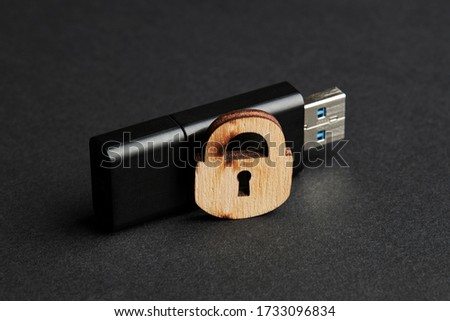 digital security for electronic privacy data concept. dark moody photo. black usb stick with wooden lock over matte background.