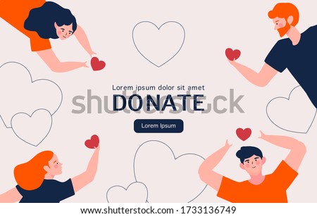 People Hands with hearts for charity donation. social care and charity concept. Volunteering illustration. perfect for banner, landing page template for web and app development Royalty-Free Stock Photo #1733136749