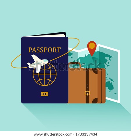 Summer travel and explore the world background flat design style decorative with luggage, world map, passport isolated on light green background, vector illustration