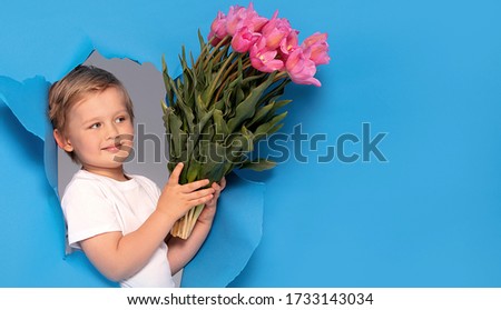 Young little caucasian kid holding pink bouquet of flowers over blue background. Happy boy with smile. Mother's day. 