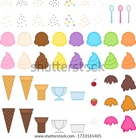 Colorful Ice Cream and Toppings Vector Illustration Set