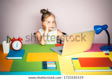 Kid boring in school. Tired pupil girl schooling work. Elementary school classroom. Home schooling and homework