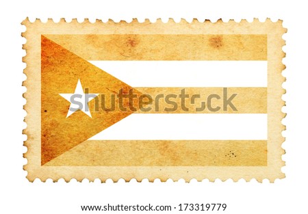 Water stain mark of Puerto Rico flag on an old retro brown paper postage stamp. 