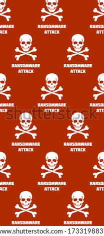 Background with skulls and crossbones. Ransomware attack. Attentions screen. Vector illustration in smartphone size. Template for phones app. Vertical banners. Phone UI.