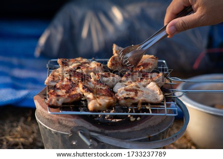 Pictures of pork cooking on charcoal grills in a wild camping