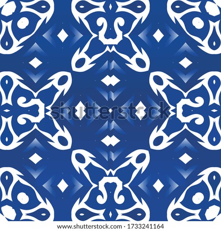 Traditional ornate portuguese azulejo. Bathroom design. Vector seamless pattern template. Blue abstract background for web backdrop, print, pillows, surface texture, wallpaper, towels.