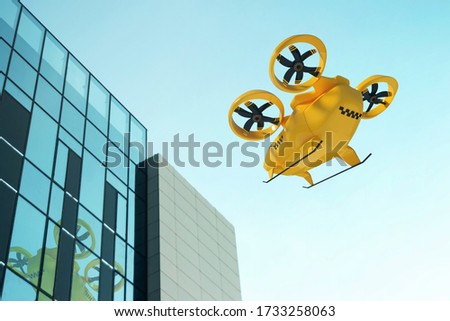 Yellow flying taxi against the sky, city electric transport drone. Car with propellers, clean air, fast ride. Mixed media, copy space