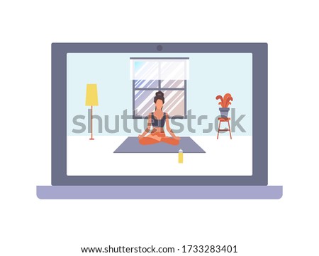 A girl is meditating at home by yoga exercise, sitting in a yoga lotus pose on a laptop screen. Vector flat illustration of meditating, training at home by the online platform, program, live video