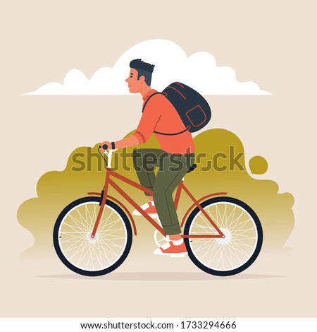 Man with a backpack behind his back rides a bicycle. Active lifestyle. Vector illustration in a flat style
