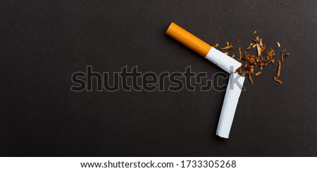 31 May of World No Tobacco Day, no smoking, close up of broken pile cigarette or tobacco STOP symbolic on black background with banner copy space, and Warning lung health concept