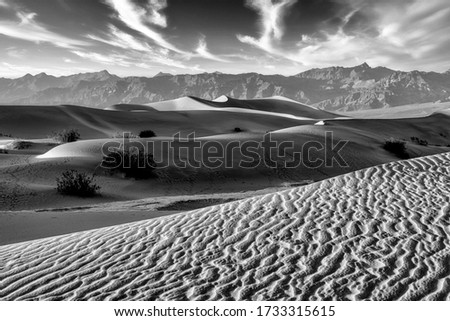 A greyscale shot of a beautiful landscape at the Mesquite Flats Sand Dunes in the Death Valley, CA