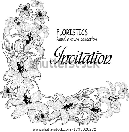 
Minimalistic design of a greeting card with lily flowers, can be used as an invitation card for a wedding, birthday and other celebrations. Declaration of love. Vector art illustration