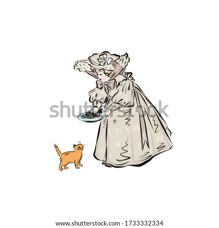 Girl feeds kitten. Child dressed in long ball dress and broad-brim hat in vintage style from the nineteenth century. 