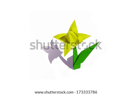 Origami yellow flower, tulip, isolated on white