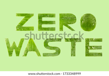 Zero waste label on an isolated background. Letters made of green leaves. Environmental protection. Processing of wastes. Life in new conditions.