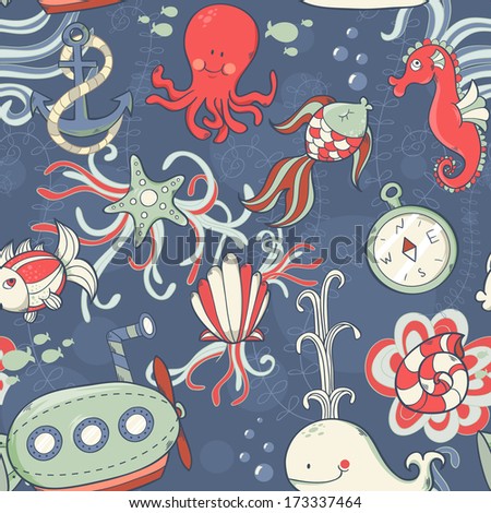 Underwater creatures cute cartoon seamless pattern
