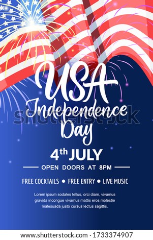 Happy 4th of July, USA Independence Day. Holiday poster, banner background with american flag, fireworks, calligraphy lettering. Vector illustration. Party invitation or greeting card design elements