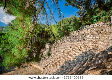 Theater ruins in the ancient city of Phaselis, Antalya province. Turkey. Ruins of Phaselis, ancient Greek and Roman city on the coast of ancient Lycia. Tourist destination Turkey. Tekirova