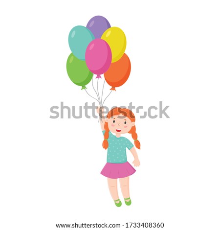Cute girl flying in balloons. Isolated character on a white background. Vector.