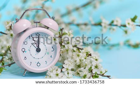 Pink alarm clock and delicate little white flowers on blue background. Top view. Time for love and greetings. Spring Time Change, Spring flowers and Alarm Clock.