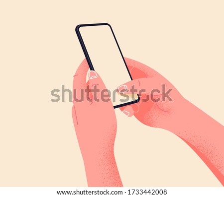 Holding phone in two hands. Empty screen, phone mockup. Editable smartphone template vector illustration on isolated background. Application on touch screen device. Learning or booking online concept Royalty-Free Stock Photo #1733442008
