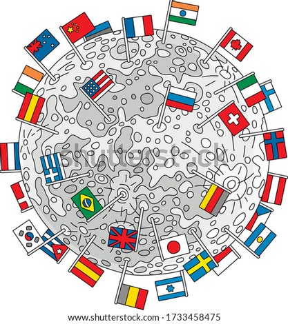 Division of the Moon, the satellite of the Earth divided between different countries and marked with their flags, vector cartoon illustration isolated on a white background
