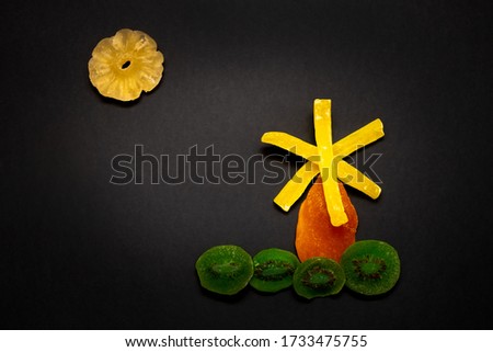 dried fruits on a black background. the picture consists of pieces of fruit. Mill, grass, sun