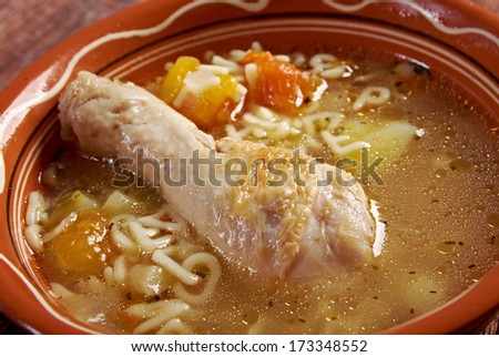 Chicken soup alphabet pasta closeup