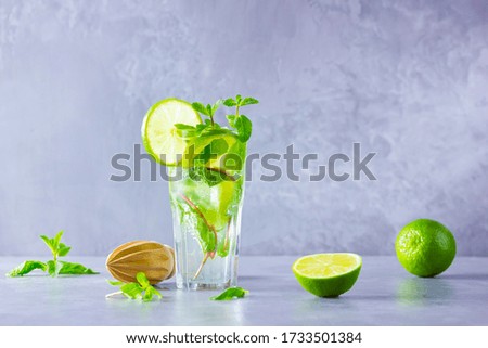 Mojito cocktail with lime and mint in tall glass. Fresh mojito in glass on a gray background. Mint cocktail with lime. Copy space