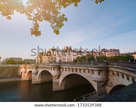 New bridge (Pont Neuf)in Paris at sunset in summer. Golden hour, the rays of the sun illuminate the magnificent Parisian architecture.