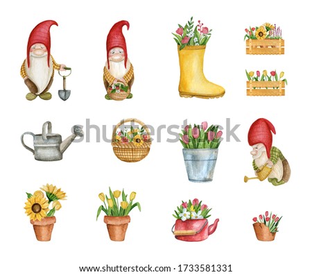 Spring set with garden gnomes and flowers. Watercolor hand drawn