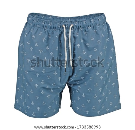 Classic men’s swimwear Sports Quick Dry. Beach shorts Bermudas. Blue trunks swimming with anchors print.
 Royalty-Free Stock Photo #1733588993
