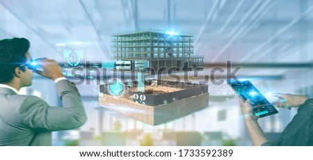new normal Futuristic Technology concept in smart business indudstry using ai artificial intelligence, machine learning, digital twin, 5g, big data, iot, augmented mixed virtual rality, ar, vr,robot, Royalty-Free Stock Photo #1733592389