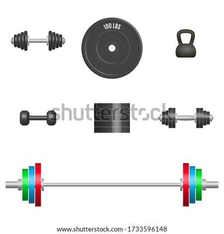 Set of 3D sports equipment items. Elements design for gym and fitness room. Front view, vector illustration.