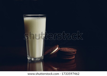 A glass of milk and delicious chocolate cookies.