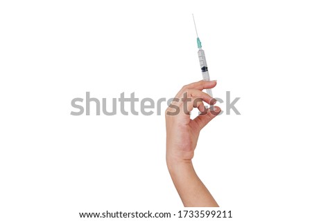 Asian human Hand with medical Syringe isolated on white background. Illness treatment concept. Clipping paths and copy space