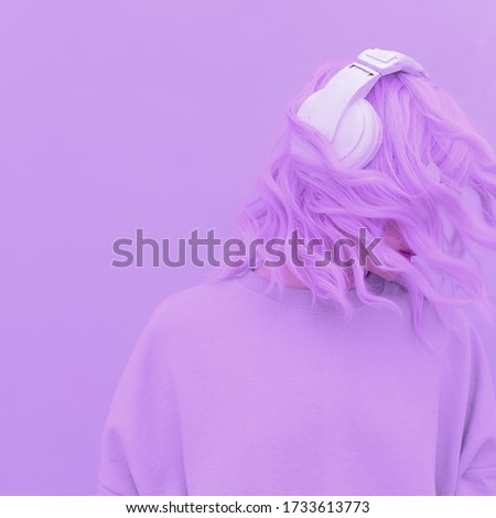 Vanilla Purple aesthetics Dj Girl. Monochrome Party colours. Stylish headphones, music lover concept Royalty-Free Stock Photo #1733613773