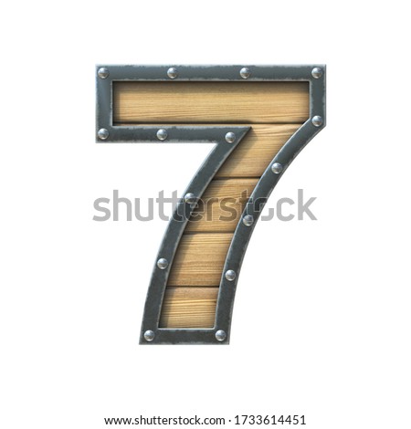 Font made of wooden board with metal frame and rivets, 3d rendering number 7