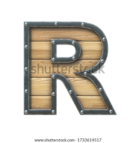 Font made of wooden board with metal frame and rivets, 3d rendering letter R